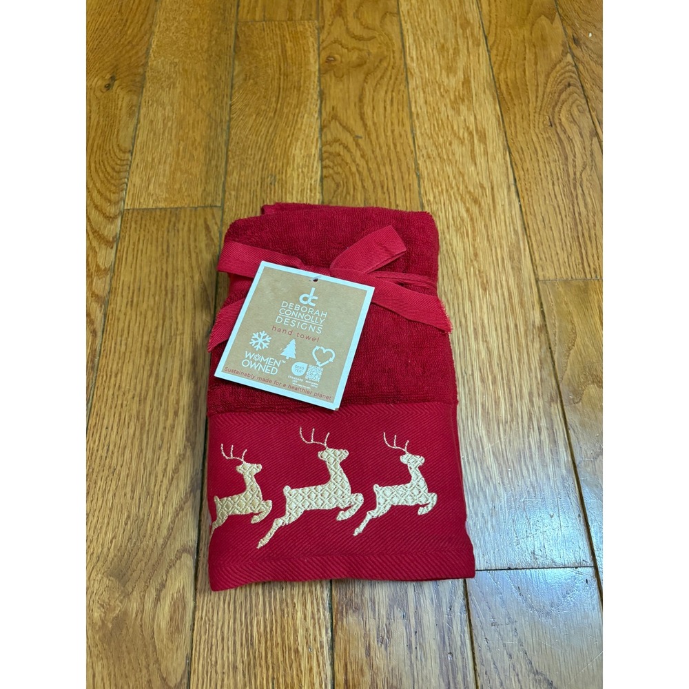 Deborah Connolly Designs Red Gold Reindeer Hand Towel Cotton Lyocell Christmas‎